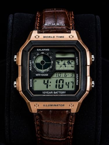 Image of Digital Watch for Men Square Dial Brown Leather Strap Rose Gold Case