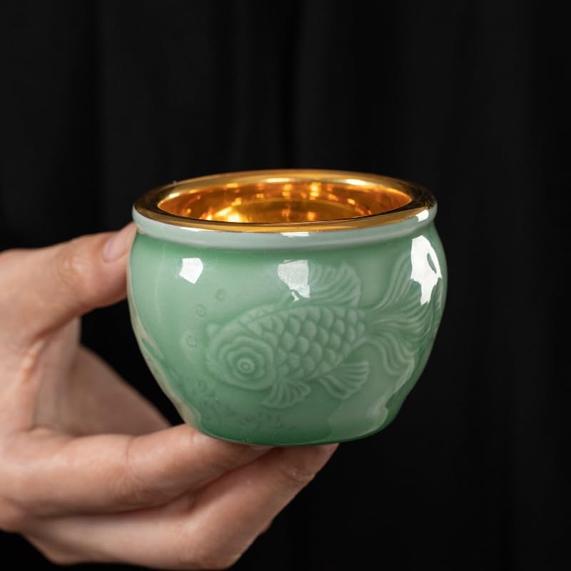 Tazas de té Pequeñas Taza de té dorada celadón, taza degustación, tazón personal, juego cerámica Gongfu, lujo vintage Taza de té de Kungfu(B)