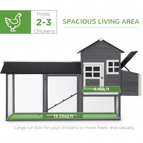 PawHut 84" Wooden Chicken Coop, Hen House Outdoor with Run Nesting Box, Asphalt Roof, Removable Tray, Ramp, Poultry Cage for 2-3 Chickens, Gray - Image 4