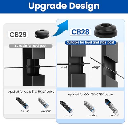 Muzata 300 Pack Black Cable Railing Rubber Grommets for Level & 25 30 35 Degree Angle Stairs 1/8" 5/32" 3/16" Wire Rope Protector Sleeves Deck Cable Railing Hardware Kit Metal Posts CB28