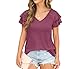FREEOAK Summer Tops Double Lace Sleeve Shirts for Women V Neck Loose Casual Tee Tunics Purple Red S