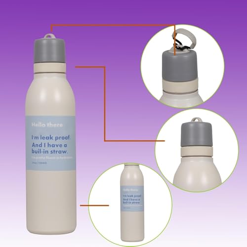 Image of Sports Water Bottle 24oz Leak Proof Stainless Steel Bottle with Built-In Straw Lid, BPA Free Reusable Drinking Bottle with Carry Loop for Gym Workout Travel Office (Ivory, 720 ml)