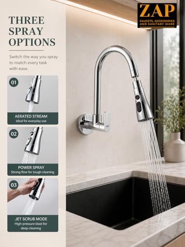 Image of ZAP Rotatable Brass Kitchen Sink Tap | 10X Flexible Neck Faucet with 3 Spray Modes (Shower, Stream & Foam) | Anti-Splash Wall Mounted Kitchen Tap | Chrome Finish Faucet for Kitchen Sink & Utility Area