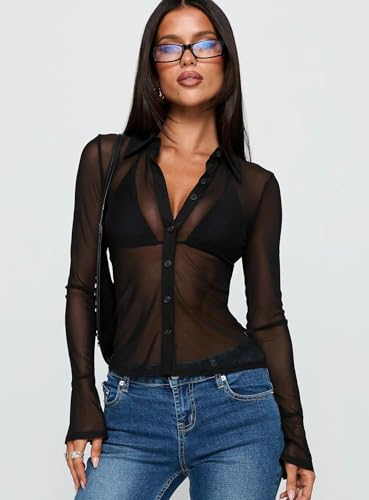 Caziffer Tee Shirt Femme Transparent Chemise Femme Boutonné Col à Revers Haut Chic et Élégant Manche Évasée Vêtement Décontracté pour Femmes (Noir, S) – vue 2