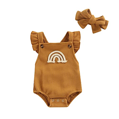 Image of Hnyenmcko Newborn Baby Boy Girls Clothes Infant Rainbow Romper Waffle Ruffled Sleeveless Backless Bodysuit Jumpsuit Outfit