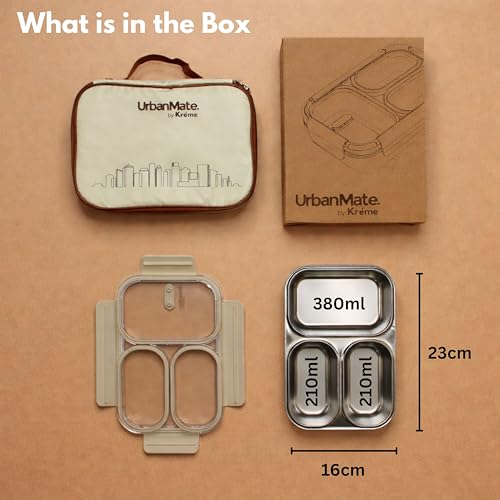 Image of Kreme UrbanMate Bento Lunch Box with Carry Bag 800 ml, 3 Compartment Lunch Box, Stainless Steel, Leak Proof, Spill Proof, Ideal for Adults, Teenagers and Kids, Ivory