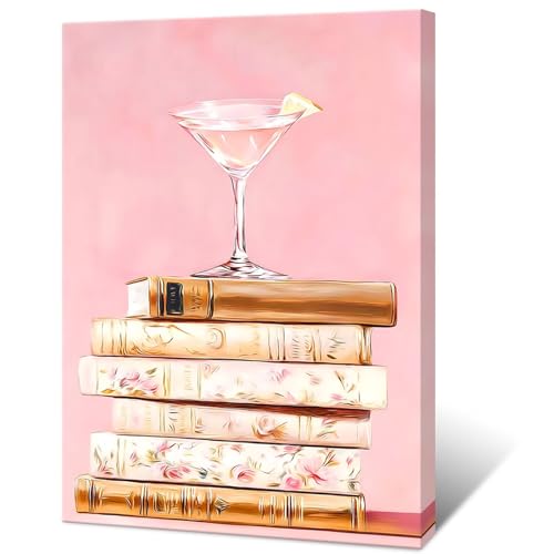 Pink Stack of Books Wall Art Trendy Pastel Martini Canvas