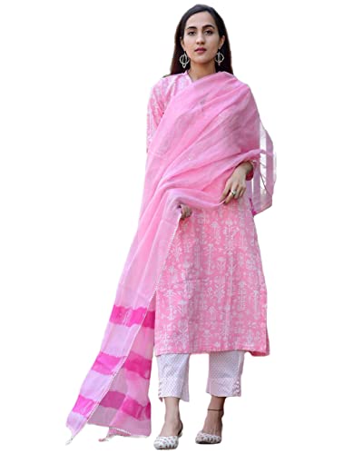 Image of GoSriKi Women's Cotton Blend Straight Printed Kurta with Pant & Dupatta