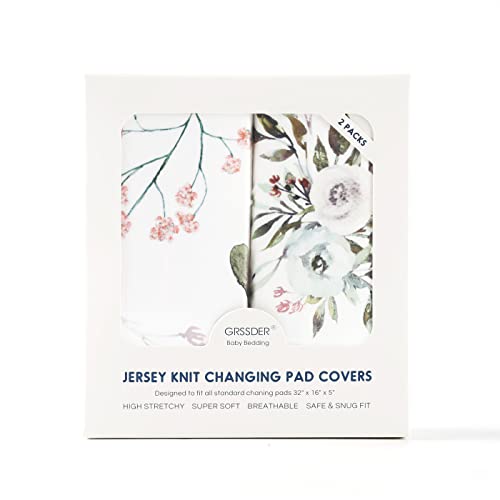 Image of Stretch Ultra Soft Jersey Knit Changing Pad Cover Set 2 Pack, Change Table Pad Covers Fit 32 inch /34 inch x 16 inch Pads Safe and Snug, Stylish Watercolor Rose and Flora Pattern for Girls