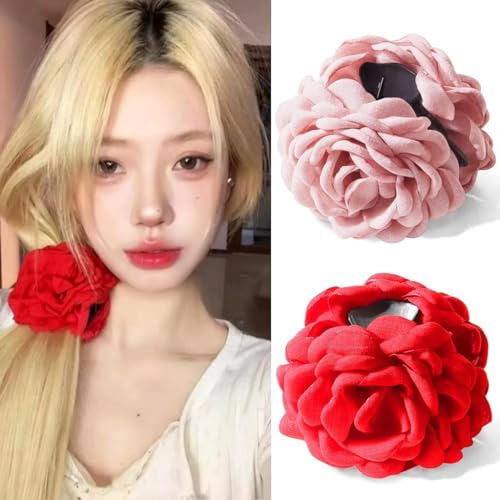 Image of PALAY 2Pcs Rose Hair Claws Clips for Women 3.5 Inch Flower Claw Clips Summer Hawaii Fashion Flower Hair Clips Women Hair Accessories - Pink & Red