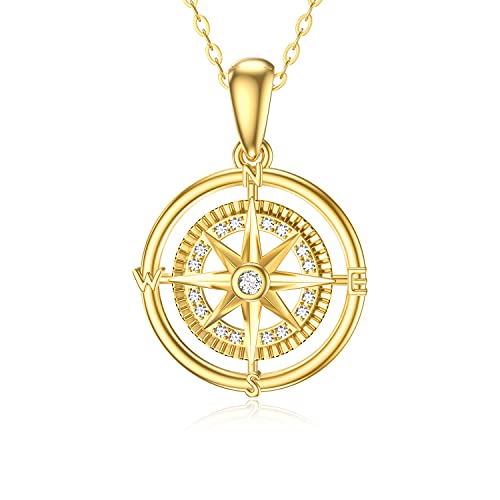 SISGEM 14K Real Gold Compass Pendant Necklace for Women,Yellow Gold Small Compass Dainty Necklace with Cubic Zirconia Graduation Birthday Present for Wife Mom,16+2 Inch