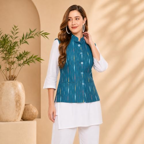 Image of Vastraa Fusion Women's Ikat Cotton Nehru Jacket Printed Waistcoat Sleeveless Mandarin Collar Button Front Ethnic Casual Wear