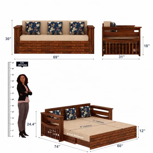 Image of Ganpati Arts Solid Sheesham Wood 3 Seater Italian Sofa Cum Bed with Storage and Side Pockets for Living Room Wooden Sofa Bed for Home - Natural Finish 1 Year Warranty, 3-Person Sofa (Beige)