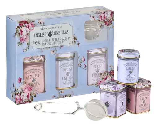 New English Teas Loose Leaf Tea & Infuser Gift Set – 3 Vintage Floral Tins with Breakfast, Earl Grey & Afternoon Blends with Loose Tea Infuser