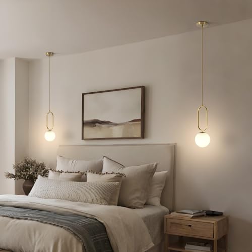 Image of Pendant Light Set of 2 Modern Gold Brass Kitchen Island Lighting with Glass Shade, Adjustable Mini Globe Hanging Pendant Lamp for Bedroom Living Room Dining Room (2 Pack)