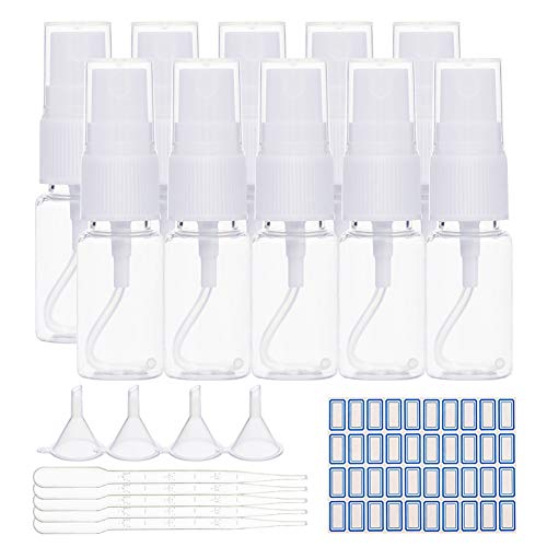 BENECREAT 24 Pack 10ml Plastic Fine Mist Spray Bottles with 10 Pipettes and 4 Funnel Hoppers for Perfume Essential Oil and Cleaning Products