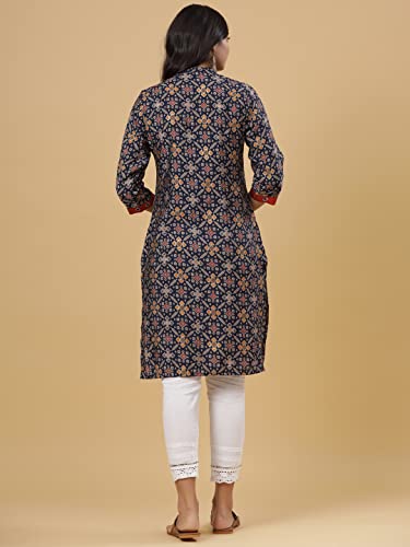 Image of Juniper Women's Navy Printed Straight Knee Length Kurta