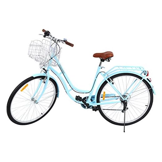 Ridgeyard 28"7 velocidades señoras Ciudad Bicicleta Estilo holandés Bicicleta Deportes al Aire Libre Ciudad Urbana Bicicleta Shopper Bicicleta luz + Cesta + Campana + batería-Powered luz … (Azul)