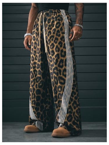 Verdusa Men's Cheetah Print Baggy Pants Wide Leg Striped Cheetah Y2K Trousers4