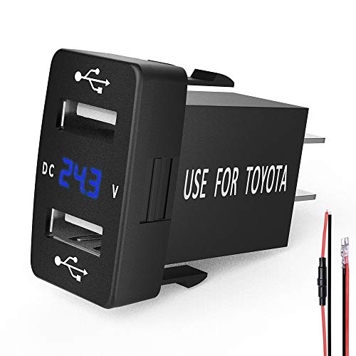 MICTUNING 2.1A Dual USB Charger Power Socket with Blue LED Digital Voltmeter for Cellphone iPhone iPad PDA Laptop GPS Replacement for Toyota