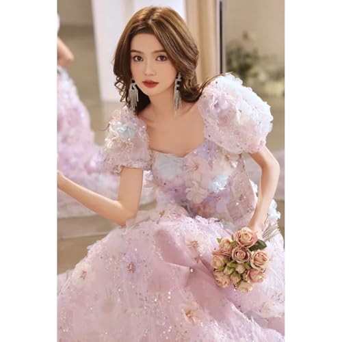 Women Pink Flowers Sequined Off Shoulder Princess Dress Girls Evening Floor Length Luxury Dresses3