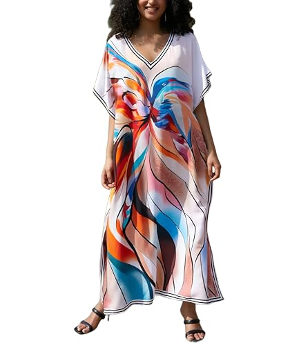 Image of IMAGEKOPE Kaftan Dresses for Women Plus Size Bathing Suit Cover up Vneck Batwing Dress Loose fit Moroccan Caftan mumu Dresses