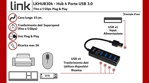 Link LKHUB304 Hub 4 Porte USB 3.0 con Cavo, Nero