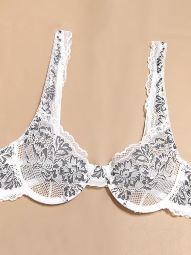 Image of Lilosy Sexy Floral Lace Scallop Underwire Push Up Sheer Lingerie Set Outfits