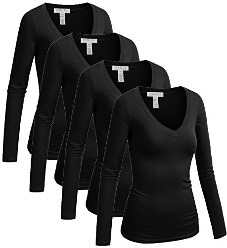 Emmalise Long Sleeve V Neck T Shirt Women Tee - 4pk-black,black,black,black, S