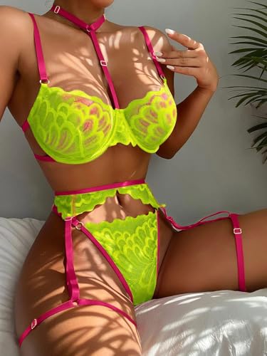 Image of Lilosy Petite Sexy Choker Floral Lace Scallop Sheer Underwire Push Up Garter Belt Lingerie Set 3 Piece for Women See Through Bachelorette Bra and Panty Neon Green Hot Pink X-Small