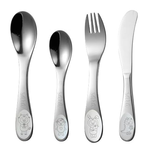 Various Cubertería Infantil Personalizada con Nombre y Fecha – 4 Piezas de Acero Inoxidable con Dibujos de Animales – Cubiertos para Niños y Niñas – Tenedor, Cuchillo, Cuchara y Postre
