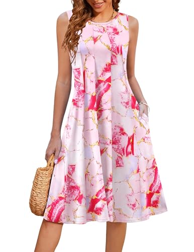 Image of HOTOUCH Summer Casual Dresses for Women Sleeveless Midi Dress Swing Tank Sundress Pleated Tshirt Dress with Pockets
