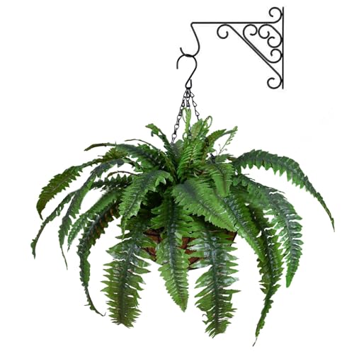 Helecho colgante al aire libre | Plantas artificiales de helecho colgante | Plantas artificiales de helecho Boston con cesta colgante de palma, aspecto real para decoración de pared, porche, cocina,