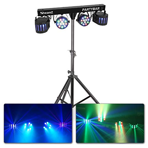 Beamz Partybar 2-100 W, 2 PARs, 2 Derby-Projektoren, DMX- oder Standalone-Betrieb, musikgesteuerter Modus mit justierbarer Empfindlichkeit, Automatikmodus, LED-Anzeige, Stativ, schwarz