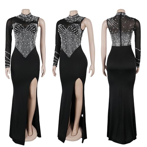 Image of Jigfar Women Sexy Elegant Rhinestone Mesh See Through Party Club Night Split Bodycon Formal Maxi Dress