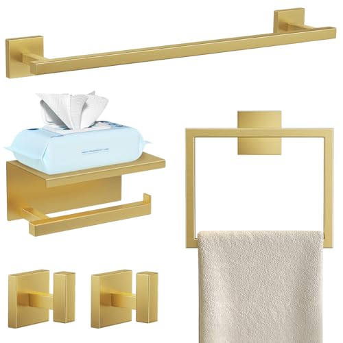 YACVCL 5-Pieces Brushed Gold Bathroom Hardware Accessories Set Stainless Steel Bathroom Towel Bar Set Towel Holder Set for Bathroom,Upgraded Toilet Paper Holder with Shelf,Wall Mounted 23.6″
