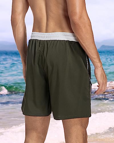 Difficort Swim Trunks Men Quick Dry Bathing Suits 2 In 1 Swimwear With Compression Liner And Zipper Pockets,Army Green,Medium #TOP1