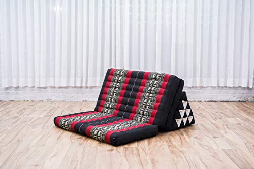 Leewadee Foldout Triangle Thai-Cushion Floor-Seat with Back-Rest TV Pillow Lounge-r Foldable Out-Door Mattress, 67x31x13 inches, Kapok, Black red - Thumbnail 5