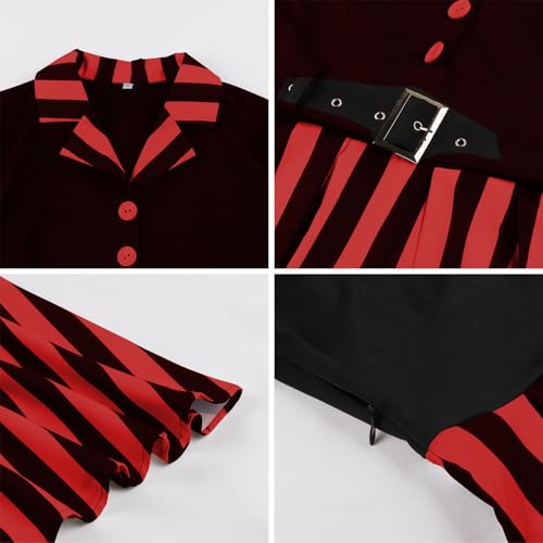 Image of ODIZLI Women's 1950s Retro Dress Short Sleeve Notched Lapel Polka Dot Stripe Swing Dress with Belt Cocktail Dress