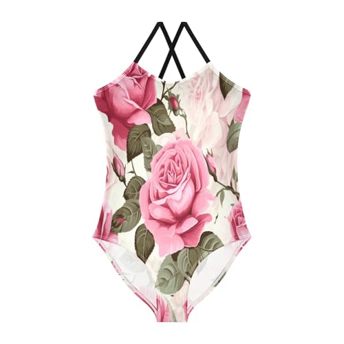Pink Rose Flower Girls One-Piece Swimsuit Beach Bathing Suit
