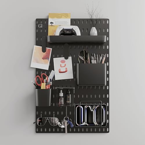 Image of Gifts Island Pegboard Wall Organiser Set with 1 Boards, 10 Accessories & Self-Adhesive Stickers, Customisable Storage System for Office, Kitchen, Pegboard Wall Hanging (10, Black)