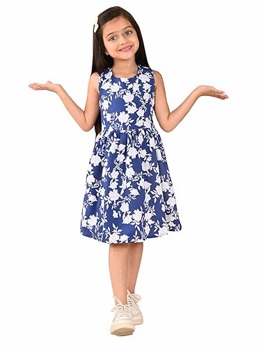 Image of LILPICKS Floral Printed Sleeveless Criss Cross Back Fit n Flare DressFor Girls (Blue)