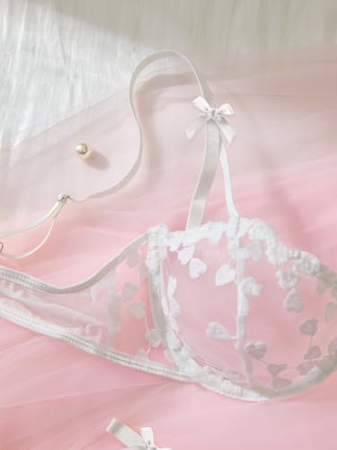 Image of Lilosy Sexy Underwire Cute Push Up Strappy Embroidered Mesh Sheer Lingerie Set See Through Panty Bra