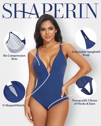 Image of SHAPERIN Bodysuit for Women Shapewear Tummy Control Deep V Neck Plunge Sleeveless Backless Thong Body Suit Tank Top