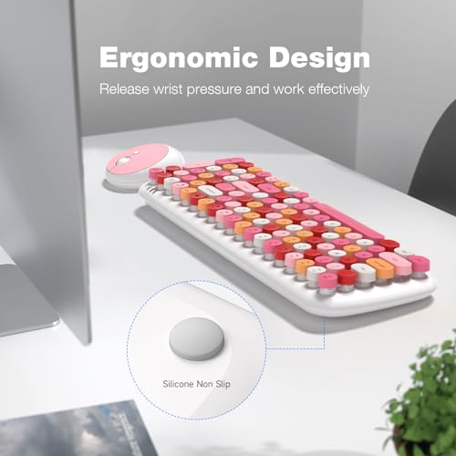 Image of KNOWSQT Wireless Keyboard and Mouse Combo, White Mixed 100 Keys 2.4 GHz Round Keycap Typewriter Keyboards, USB Receiver Plug and Play, for Windows, PC, Laptop, Mac, Desktop