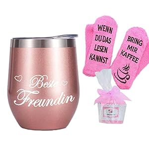 Tecreo Roestvrijstalen koffiemok met gravure, cadeau voor vrouwen, beste vriendin, thermobeker voor haar verjaardag, 350 ml, roségoud, dubbelwandig, isoleerbeker, reiskoffiekop, deksel, grappige sokken
