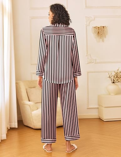 Image of Ekouaer Womens Silk Satin Pajama Sets 2 Piece Sleepwear Pjs Set Long Sleeve Button Down Top and Pants Stripe Loungewear S-XXL