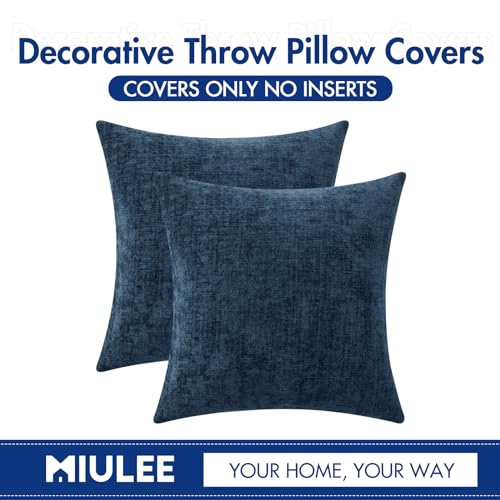 Image of MIULEE Pack of 2 Blue Throw Pillow Covers 18x18 Inch Soft Chenille Pillow Covers for Sofa Living Room Couch Solid Dyed Cases