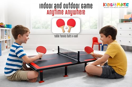 Image of Kidsmate 3-in-1 Table Tennis for Kids with Foldable Tennis Board, Ludo Game & Whiteboard | Portable Indoor Outdoor Play Table, Mini Ping Pong Set with Net, Racquet and Ball for Family Fun - Red /Black