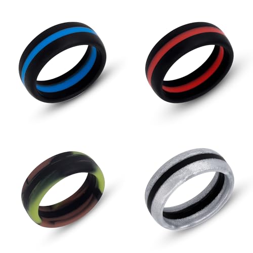 DYNOFIT Silicone Ring - Comfortable 4 Piece Set of Mens Wedding Band - Durable, Flexible Rings for Men - Perfect for Active Men, Blue Collar Workers, First Responders (12)